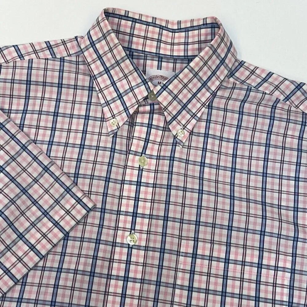 Brooks Brothers 346 Shirt Mens Medium Plaid Pink Blue Button Up Camp Casual